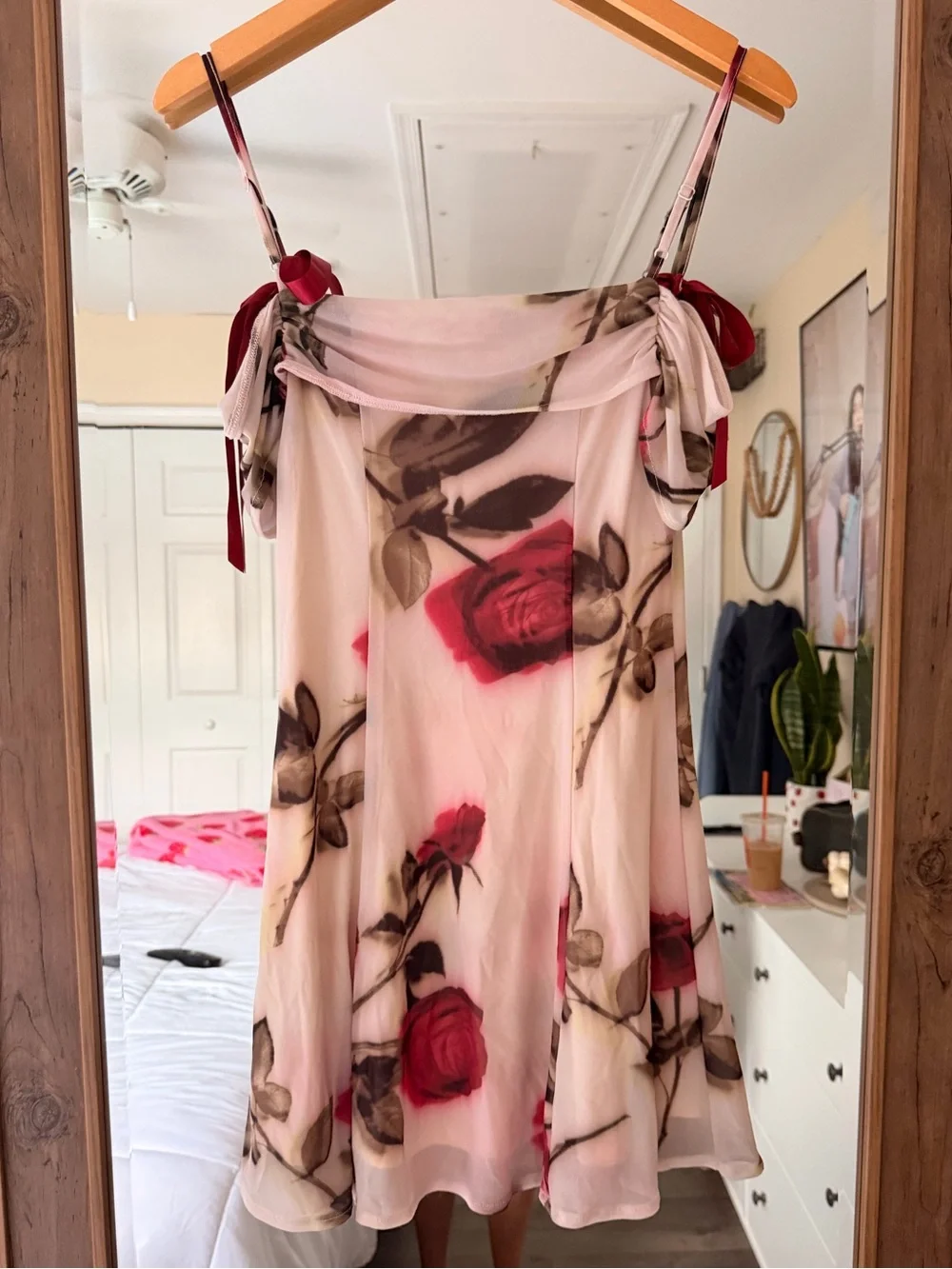 Kimchi Blue Off-Shoulder White Mini Dress with Red Rose Print and Ribbon Straps